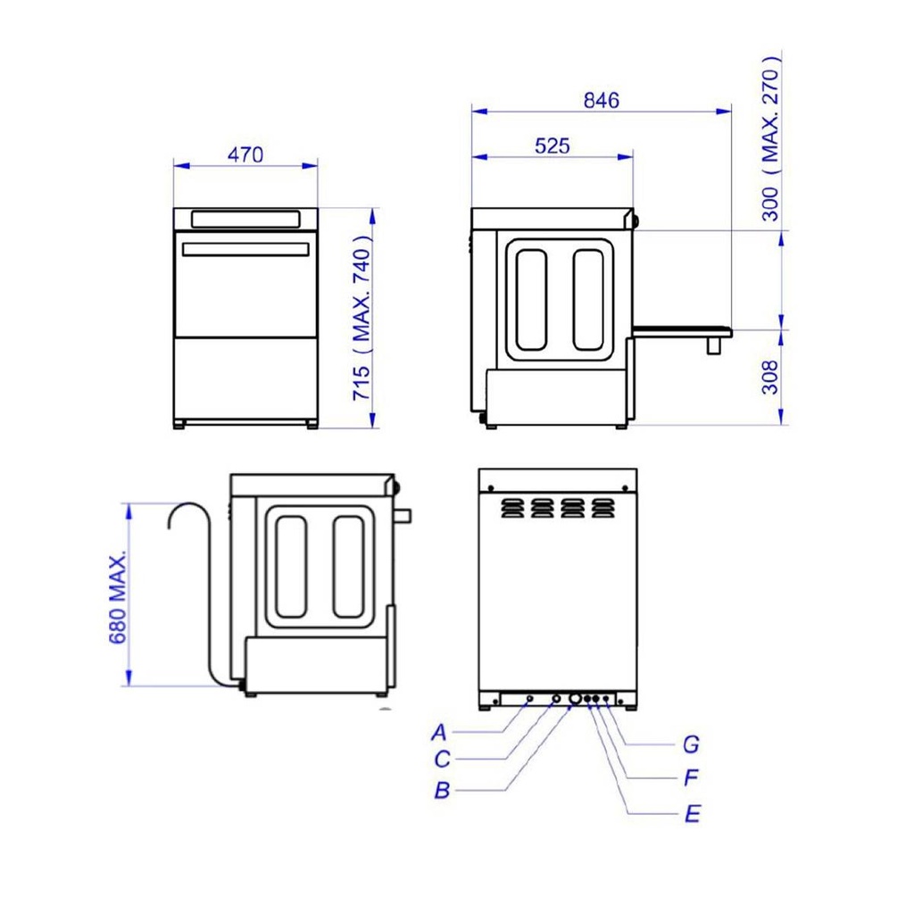 Gläserspülmaschine 40x40 / 230 Volt - Modell: VT-E GW40 DRD, 470 x 525 mm