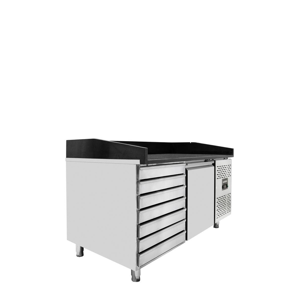 Pizzakühltisch / 1-türig & 7 Schubladen "schwarz" inkl. Kühlaufsatz GN1/3, 1510 x 800 mm