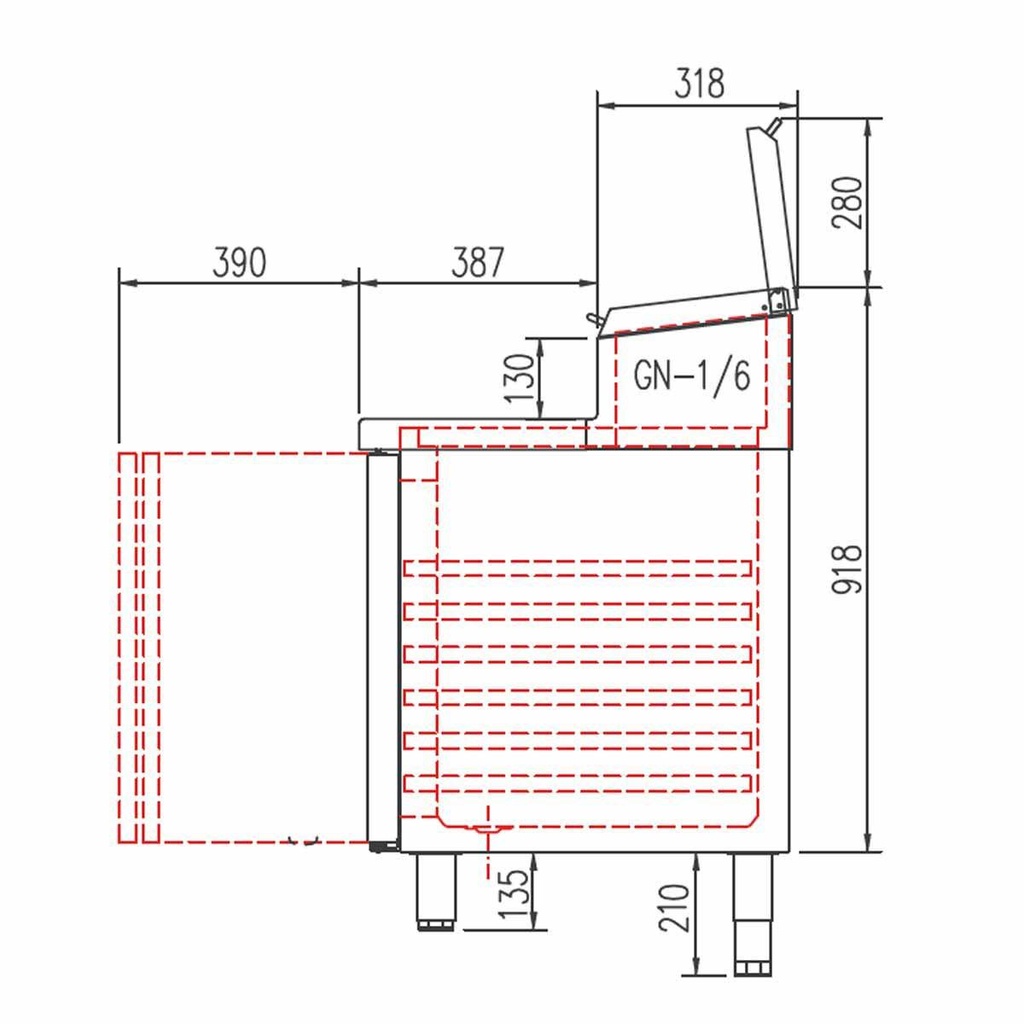 TOPLINE Belegstation / 5-fach mit Türen, Edelstahlaufsatz, GN 1/6, 2695 x 700 mm