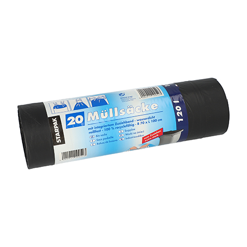 20 Müllsäcke mit Zugband, LDPE 120 L 100 cm x 70 cm schwarz