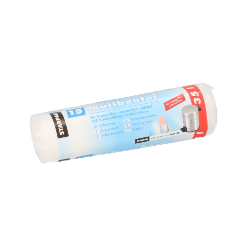 15 Müllbeutel mit Tragegriffen, HDPE 35 L 64 cm x 54 cm transparent