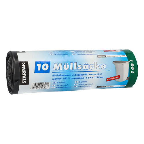 10 Müllsäcke, LDPE 140 L 110 cm x 80 cm schwarz