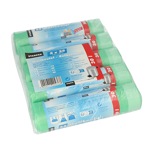 125 Müllbeutel mit Zugband, HDPE 30 L 62 cm x 55 cm grün