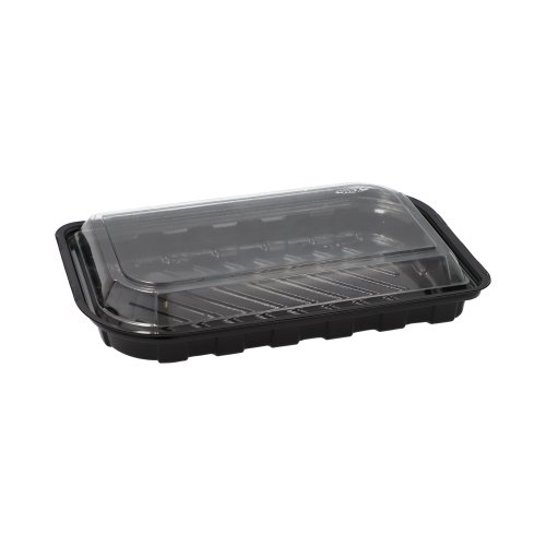 50 Sushi-Schalen R-PET rechteckig 21 cm x 13 cm x 4,3 cm schwarz mit transparentem Deckel
