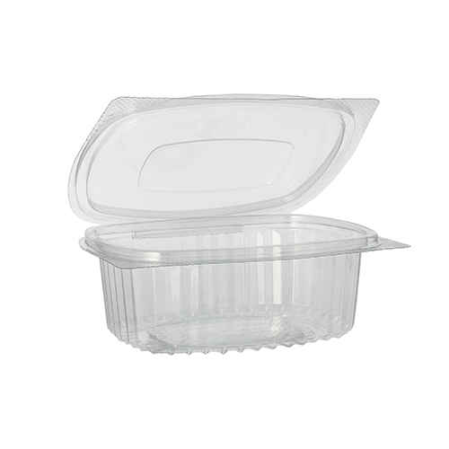 50 Feinkost- und Salatschalen mit Klappdeckel, R-PET oval 375 ml 5 cm x 11,5 cm x 14,4 cm klar