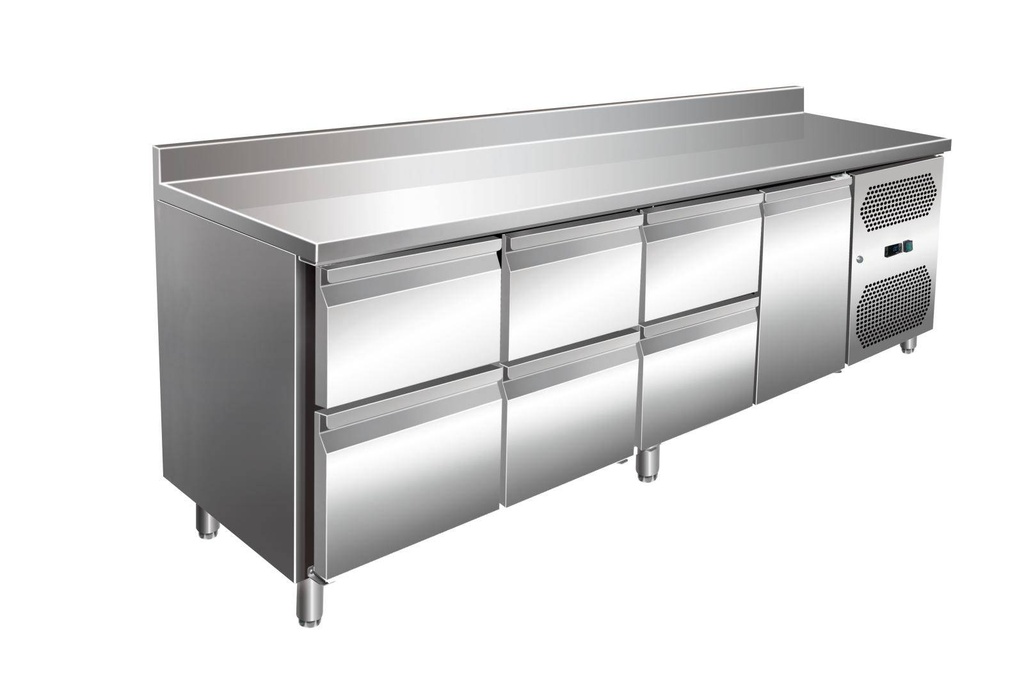 VIP Kühltisch mit 3x 2 Schubladen und 1 Tür und Aufkantung -2 bis +8°C 2.230x600x960 mm