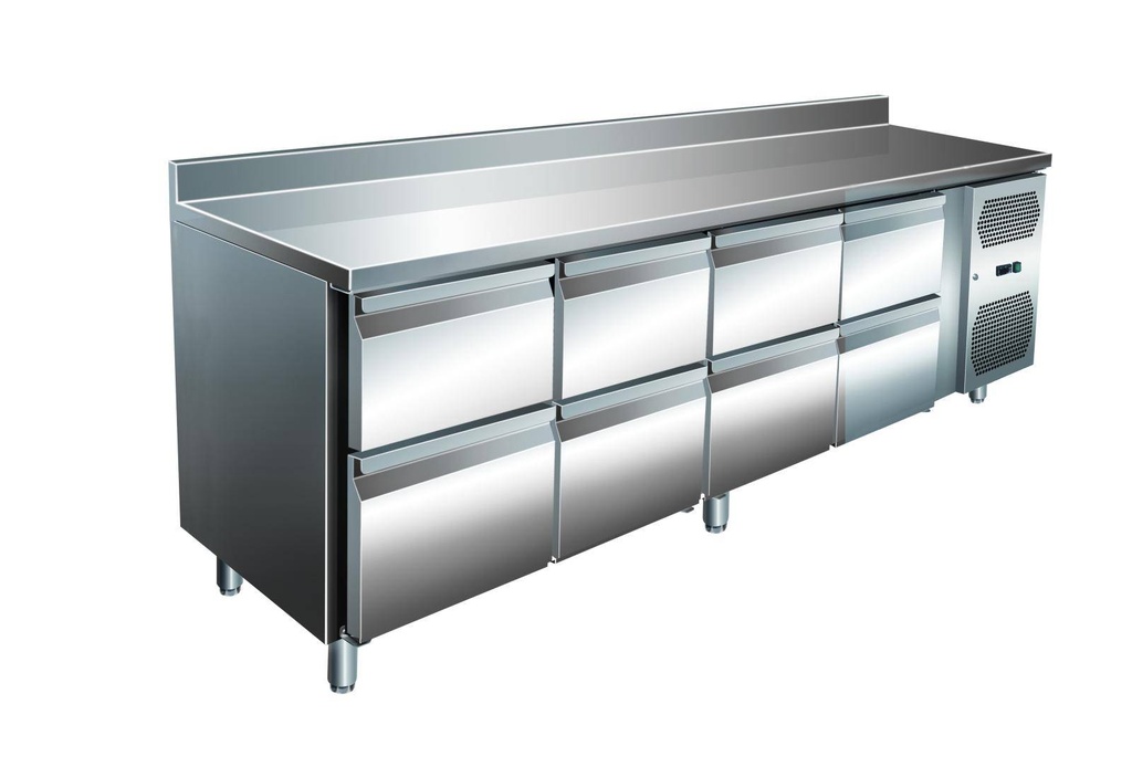 VIP Kühltisch mit 4x 2 Schubladen und Aufkantung -2 bis +8°C 2.230x600x960 mm