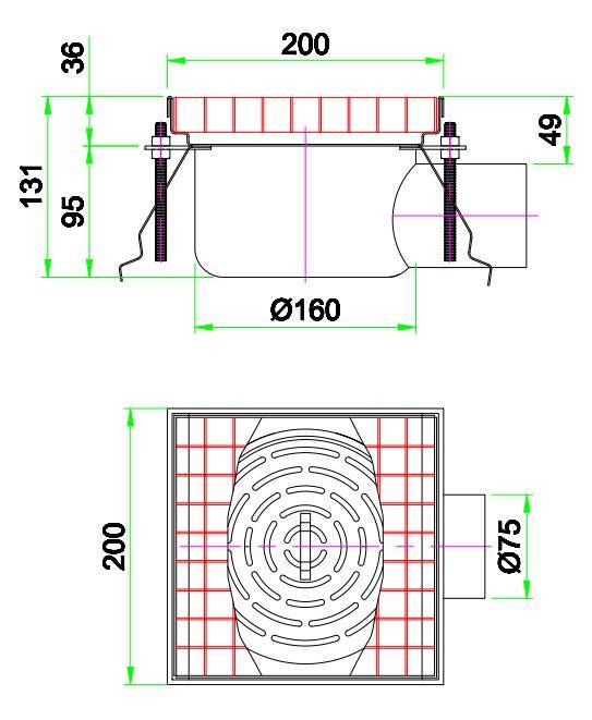 200 Bodenablauf 200 aus Edelstahl, 200 x 200 x 131 mm