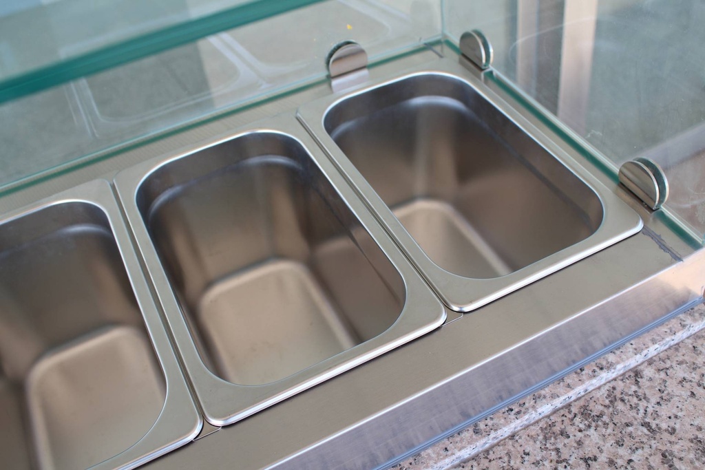Pizzatisch mit Glas aus Edelstahl, 1368 x 700 x 1180 mm