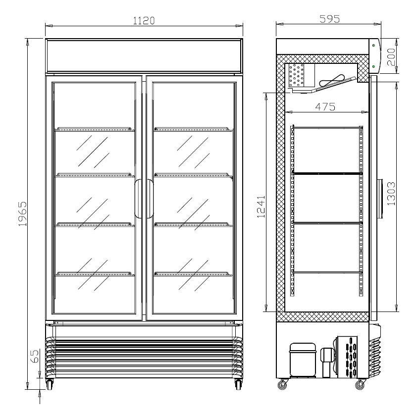 Kühlschrank mit Schiebeglastüren, 1120 x 610 x 1965 mm