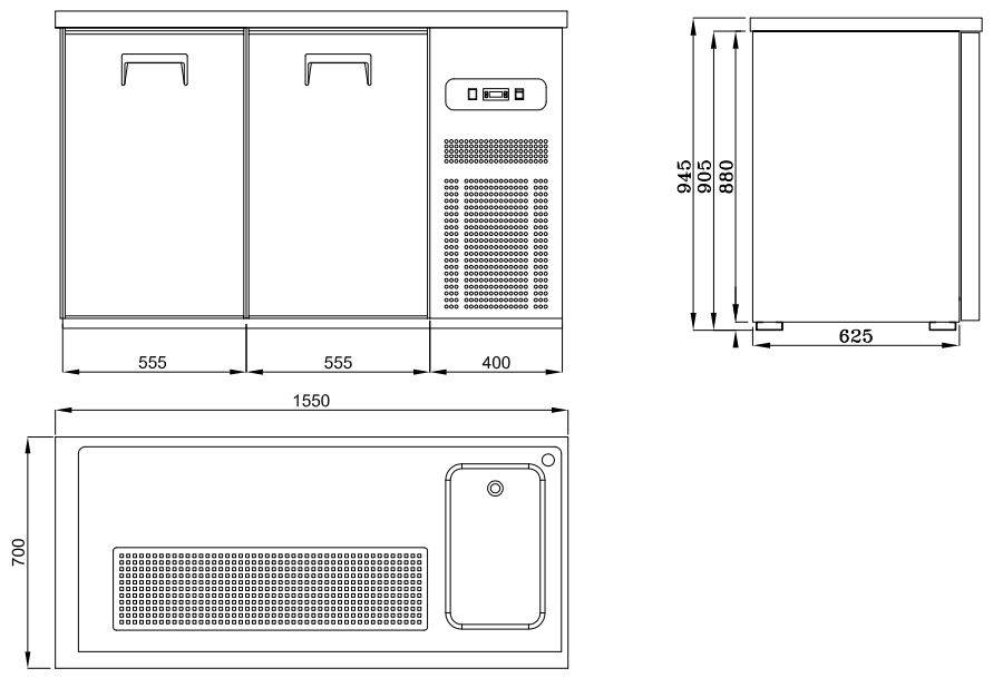Biertheke 2 Türen 1R aus Edelstahl, 1550 x 700 x 950 mm