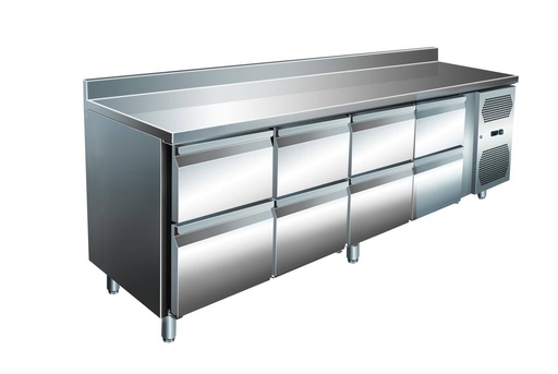 VIP Kühltisch mit 4x 2 Schubladen und Aufkantung -2 bis +8°C 2.230x600x960 mm