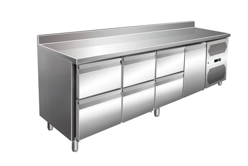 VIP Kühltisch mit 3x 2 Schubladen und 1 Tür und Aufkantung -2 bis +8°C 2.230x700x960 mm