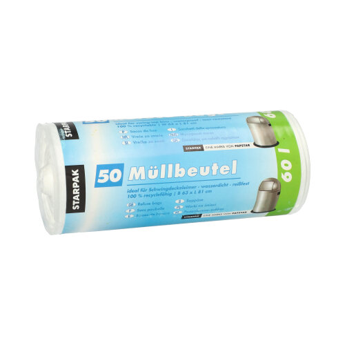 50 Müllbeutel, HDPE 60 L 81 cm x 63 cm weiss