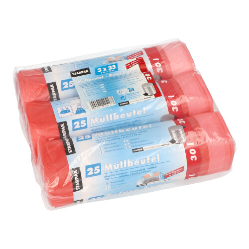 75 Müllbeutel mit Zugband, HDPE 30 L 70 cm x 55 cm rot
