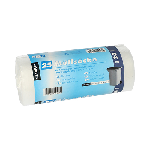 25 Müllsäcke, HDPE 120 L 110 cm x 70 cm transparent