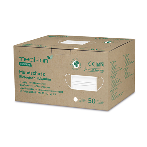 50 "Medi-Inn GREEN" Mundschutz Type IIR 3-lagig 9,5 cm x 17,5 cm weiss 3-lagig, biologisch abbaubar
